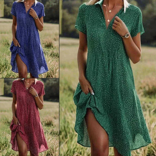 polka-dot summer dress | v-neck short sleeve dress | cotton blend casual dress | ultrasonic cleaning
