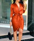 lace-up midi dress | long sleeve shirt dress | solid color party dress | energy saving
