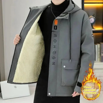 fleece-lined jacket for men | winter warm hooded coat | thick insulated mens jacket | energy saving