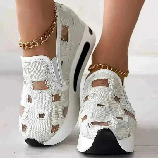 hollow out canvas shoes | 6cm heel height | breathable mesh flats | energy saving