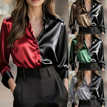 Women's Colorblock Long Sleeve Blouse Shirt Button Down Collared Tops Meifu Market