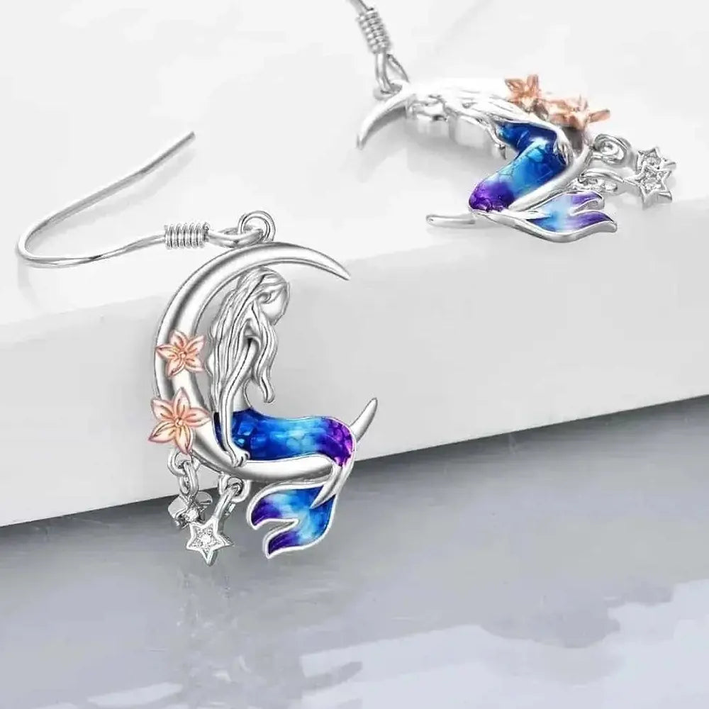 925 Sterling Silver Mermaid Earrings - Crescent Moon Dangle Drop with Zircon Crystals - Meifu Market