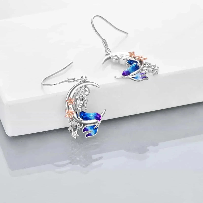 925 Sterling Silver Mermaid Earrings - Crescent Moon Dangle Drop with Zircon Crystals - Meifu Market