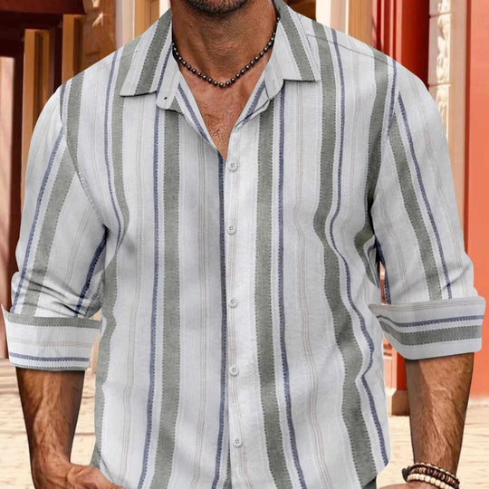striped cotton linen shirt | mens long-sleeved button down | breathable linen blend shirt | ultrasonic cleaning