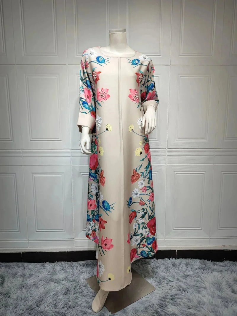 rhinestone print maxi dress | long sleeve positioning print robe | polyester chiffon muslim dress | energy saving