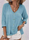 V-neck Long-sleeved T-shirt Fashion Solid Color Button Top Casual Loose Clothing For Women Meifu Market