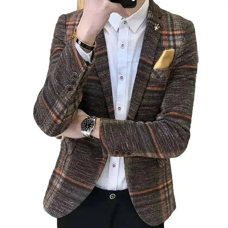 slim-fit plaid blazer | wool blend mens blazer | modern fit blazer jacket | energy saving