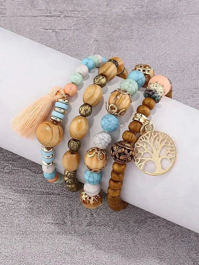 elastic bangle bracelet set | wooden beads jewelry | adjustable tree of life bracelet | energy saving
