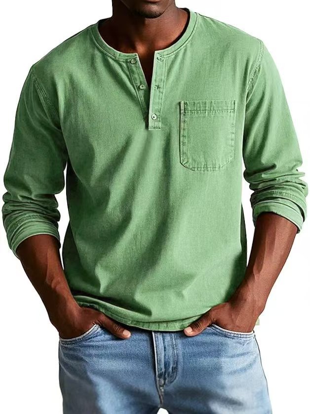 V-neck Long-sleeved T-shirt With Button Design Fashion Casual Solid Color Pullover Top Men's Clothing Meifu Market