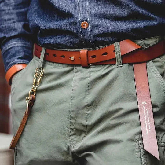 Fashion Retro Brass Distressed Belt Men Dark Brown - angle view with men's classic leather belt double prong retro style a...