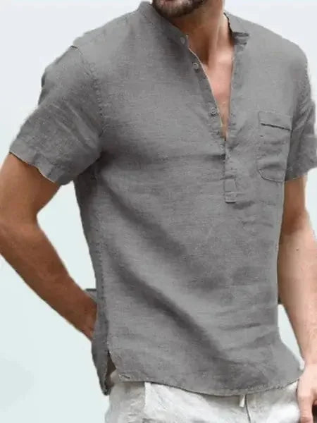 linen blend fabric | relaxed fit shirt | short sleeve button down | energy saving