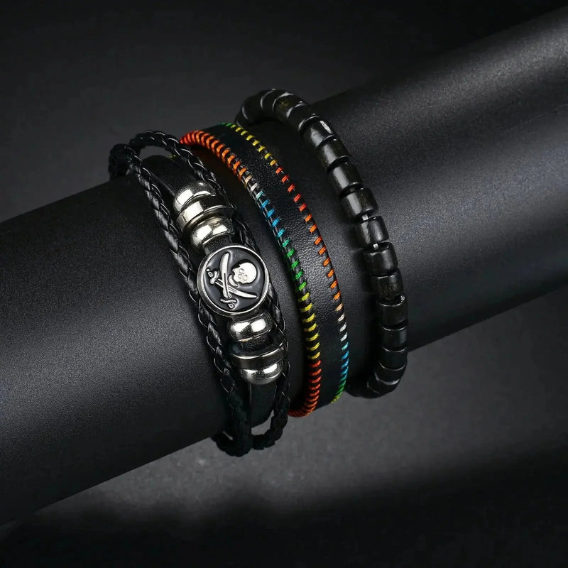 braided leather bracelet for men | vintage charm wood beads | adjustable wrap wristband | ultrasonic cleaning