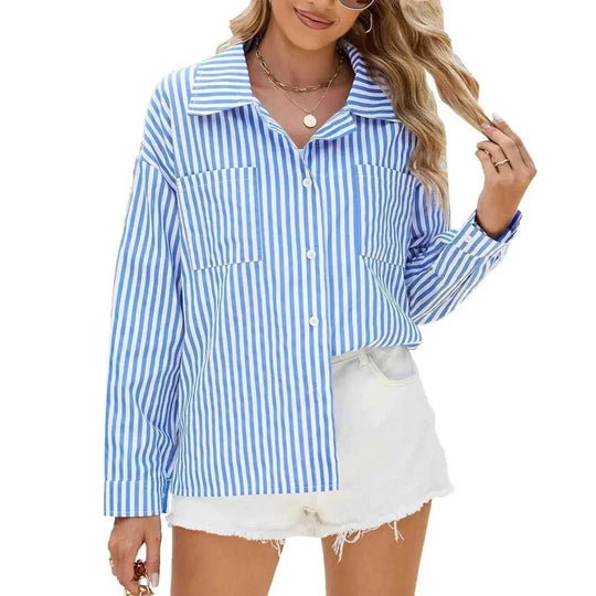 loose fit button down top | oversized striped blouse | cotton linen blend shirt | energy saving
