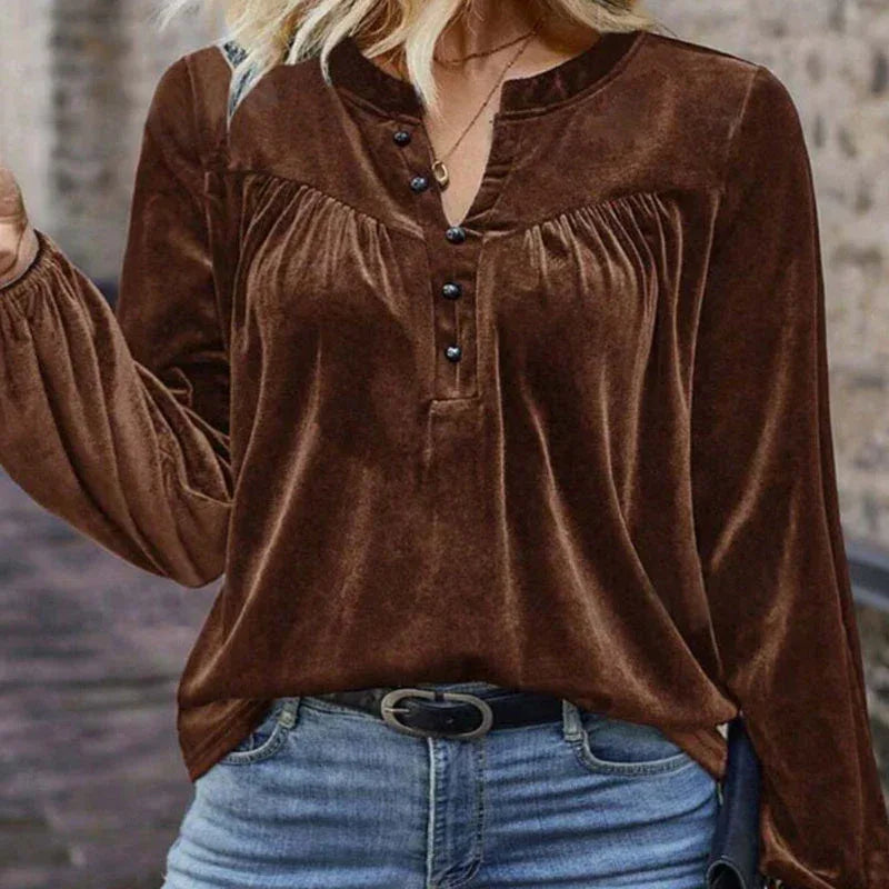 Women's Solid Color V-Neck Button Detail Long Sleeve Pullover Top Casual Elegant Office Blouse Meifu Market