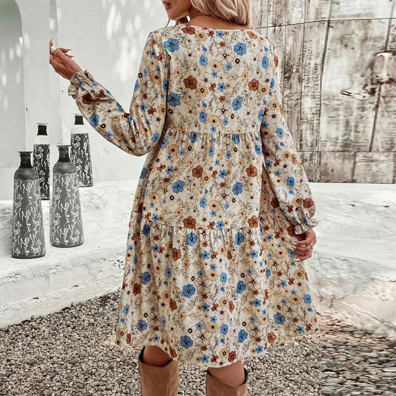 Women's Floral Print Boho Dress, Round Neck Smocked Cuff Sleeve Midi Dress With Patchwork Design For Spring And Fall Meifu Market