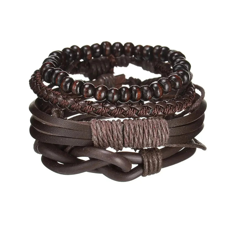 braided leather bracelet for men | vintage charm wood beads | adjustable wrap wristband | ultrasonic cleaning