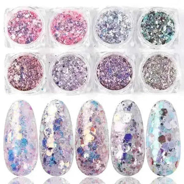 8-Box Mix Glitter Nail Art Powder Flakes Set | Holographic & Chrome Nail Glitter