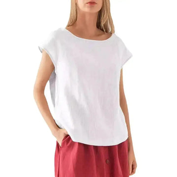 European And American New Linen Casual Loose Short Sleeves T-shirt Solid Color Round Neck Top