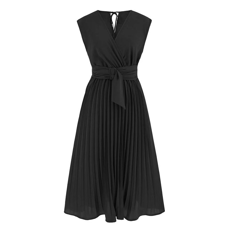 sleeveless v-neck dress | lace-up summer dress | slim-fit pleated dress | energy saving