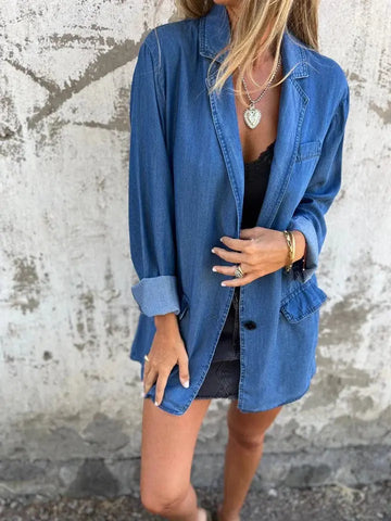 Lapel Shirt Jacket Ins Fashion Solid Color Long-sleeved Denim Top Autumn And Spring Casual Daily Streetwear Women's Clothing Meifu Market