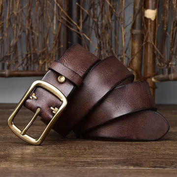 Men's Cowhide Vintage Distressed Pleated Brass Buckle Belt meifu market
