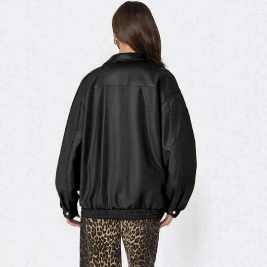 Women's Leather Jacket Loose Long Sleeve Lapel Motorcycle Jacket Meifu Market