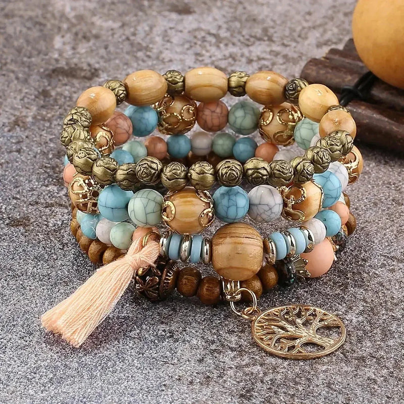 elastic bangle bracelet set | wooden beads jewelry | adjustable tree of life bracelet | ultrasonic cleaning