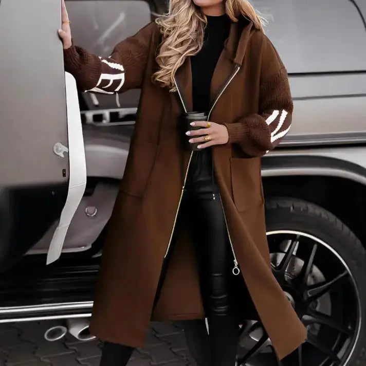 Hooded Windbreaker Long Jacket With Pockets And Drawstring Design Solid Color Knit-Sleeved Trench Coat For Women Clothing Fall Winter Meifu Market