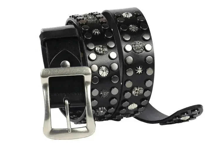 mens punk style leather belt | heavy duty belt for daily wear | adjustable belt with metal rivets | ultrasonic cleaning