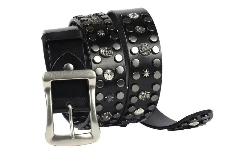 mens punk style leather belt | heavy duty belt for daily wear | adjustable belt with metal rivets | ultrasonic cleaning