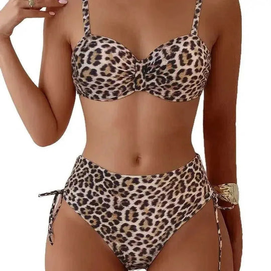 Printed Split Strap Bikini High Waist European And American Leopard Print - in use demonstration