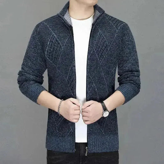 Men's Knitted Zipper Cardigan Jacket with Cashmere and Thick Lining