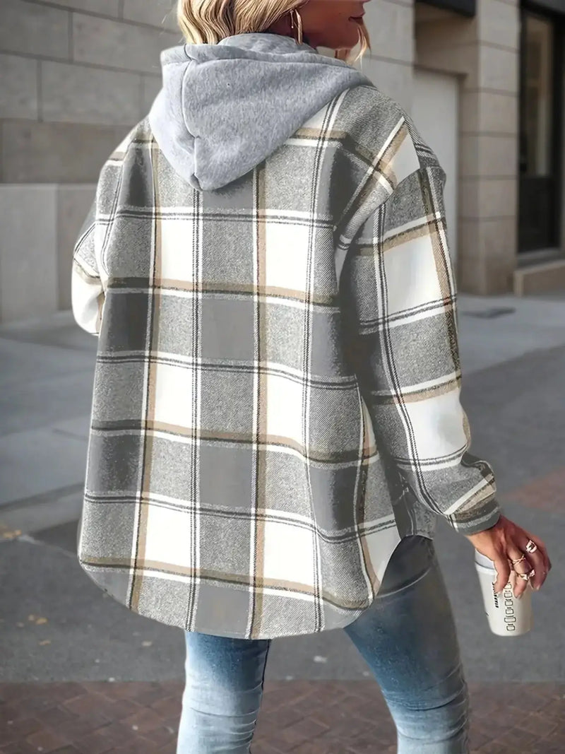 New Plaid Pattern Long Sleeved Hook And Loop Wool Lined Hooded Jacket For Warmth, Women's Plaid Hooded Drawstring Jacket, Single Breasted Closure, Comfortable And Casual Meifu Market