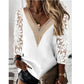 Commuter Nine-quarter Sleeve V-neck Stitching Hollow Lace Chiffon Shirt Pullover Meifu Market