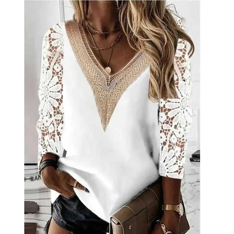 Commuter Nine-quarter Sleeve V-neck Stitching Hollow Lace Chiffon Shirt Pullover Meifu Market