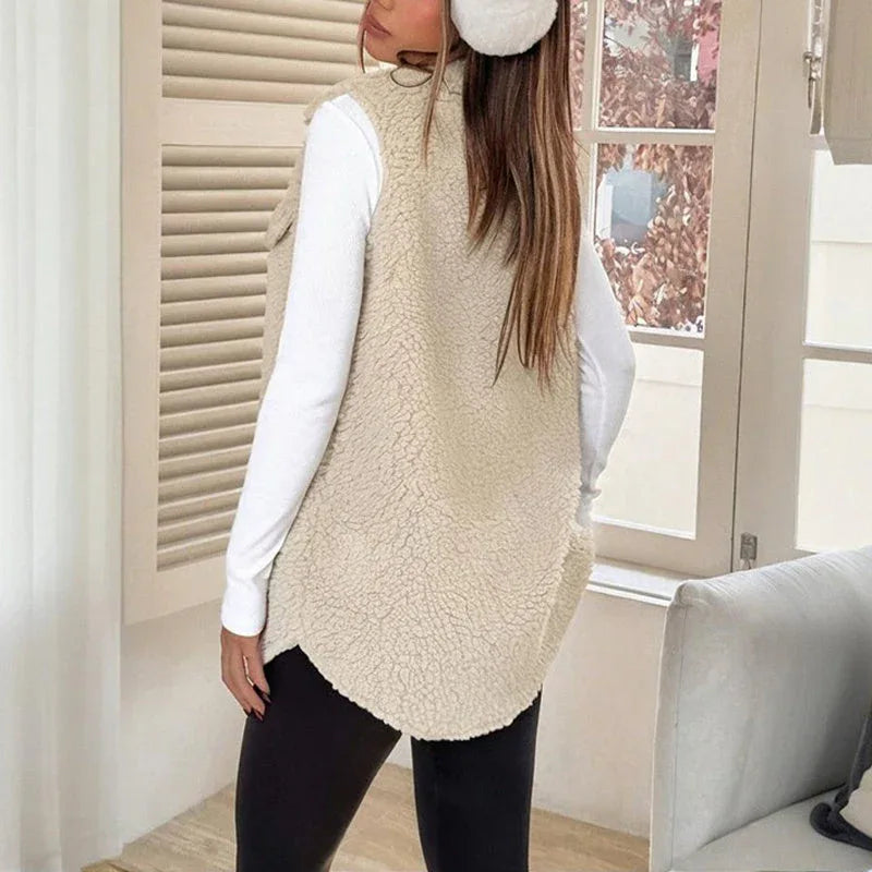 Women's Wool-Like Sleeveless Vest With Lapel, Solid Color Mid-Length Button Up Waistcoat For Layering, Casual & Formal Outfits Meifu Market