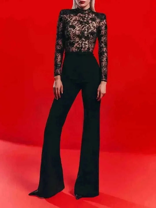 Black See-through Lace Long-sleeved Trousers Jumpsuit Black - lifestyle usage image