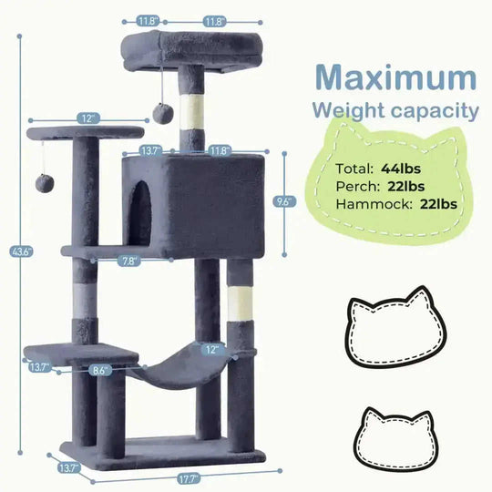 44 Inch Cat Tree Tower, Multi-Cat Climbing Tower With, Natural Sisal Scratching Posts, Extended Platform, Hammock Meifu Market