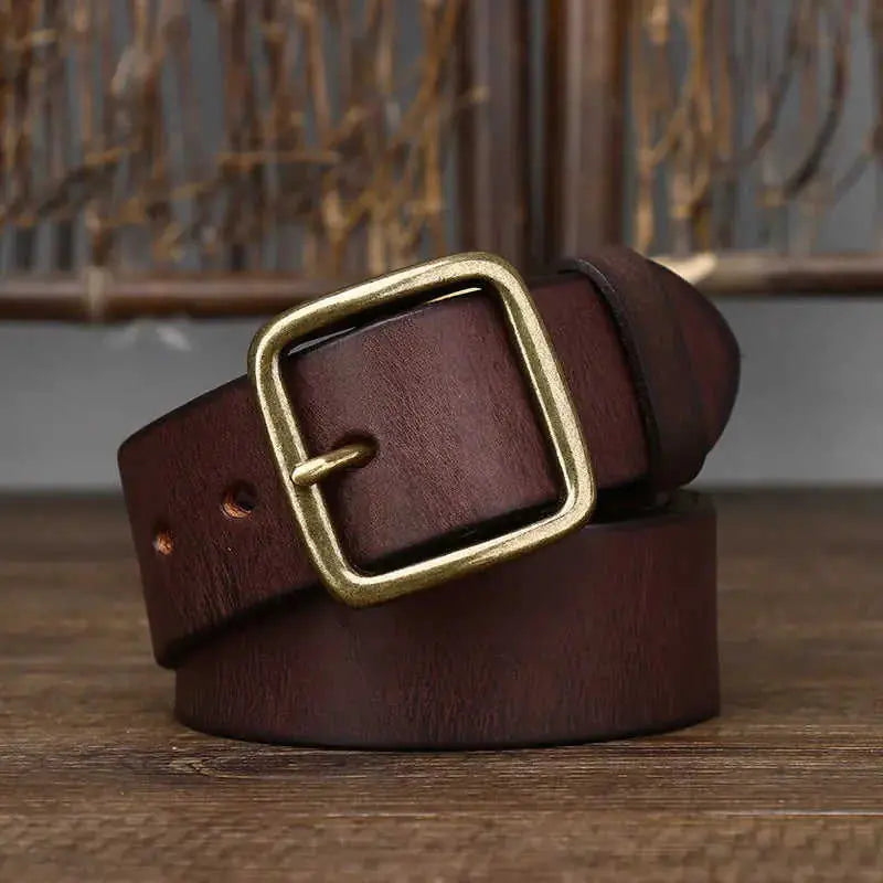 Fashion Pin Buckle Pure Copper Men's Cowhide Vintage Belt 125cm - styled men thick cowhide copper pin buckle genuine leath...