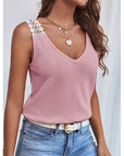 Waffle V-Neck Vest Sleeveless Lace Tank Shirt Tops Summer