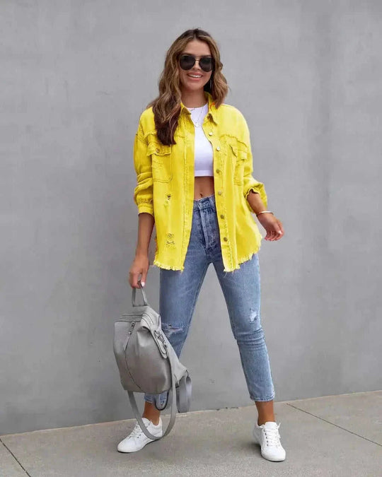 distressed denim jacket | ripped jean shirt | oversized shirt jacket | ultrasonic cleaning