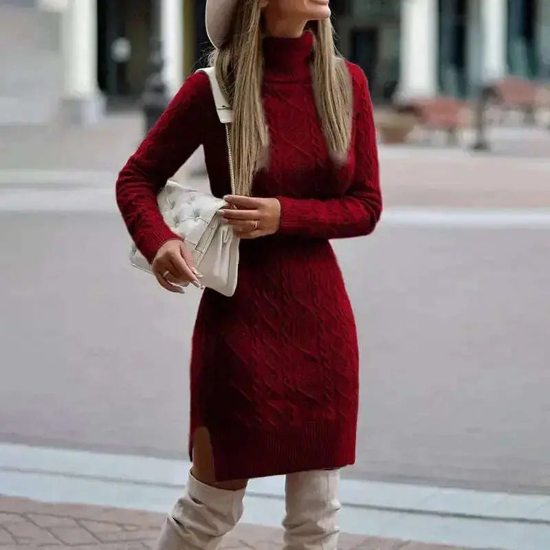 Fashion Turtleneck Knitted Dress With Slit Design Winter Warm Solid Color Pullover Long Sweater Women's Clothing Meifu Market