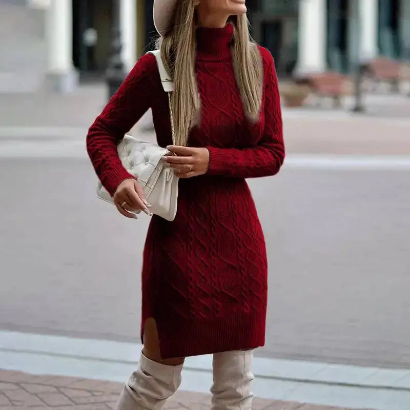 Fashion Turtleneck Knitted Dress With Slit Design Winter Warm Solid Color Pullover Long Sweater Women's Clothing Meifu Market