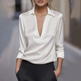 Elegant Women's V-Neck Long Sleeve Blouse With Satin Sheen Solid Color Formal Shirt For Spring Fall Meifu Market