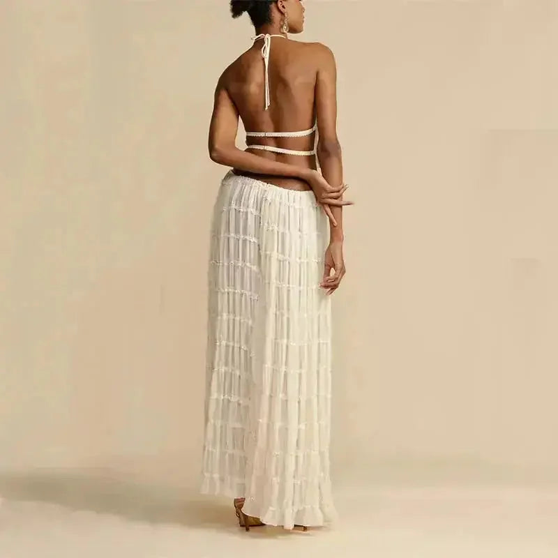 sexy backless halter top | pleated maxi skirt set | sleeveless cropped top | ultrasonic cleaning