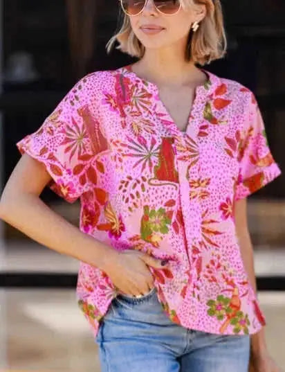 floral print blouse | rose jungle print top | v-neck blouse women | ultrasonic cleaning