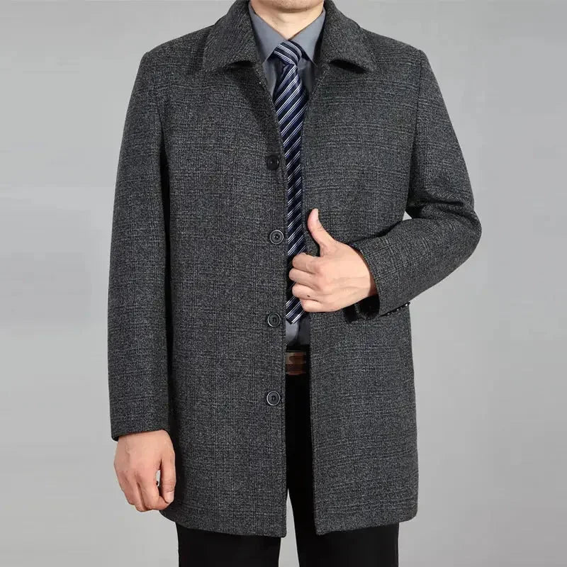 heavy wool blend coat | mid-length overcoat for men | winter warmth coat | ultrasonic cleaning