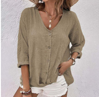 V-neck Long-sleeved T-shirt Fashion Solid Color Button Top Casual Loose Clothing For Women Meifu Market