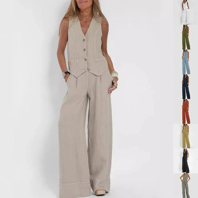 lightweight linen blend fabric | high-waisted wide-leg trousers | breathable sleeveless vest top | energy saving