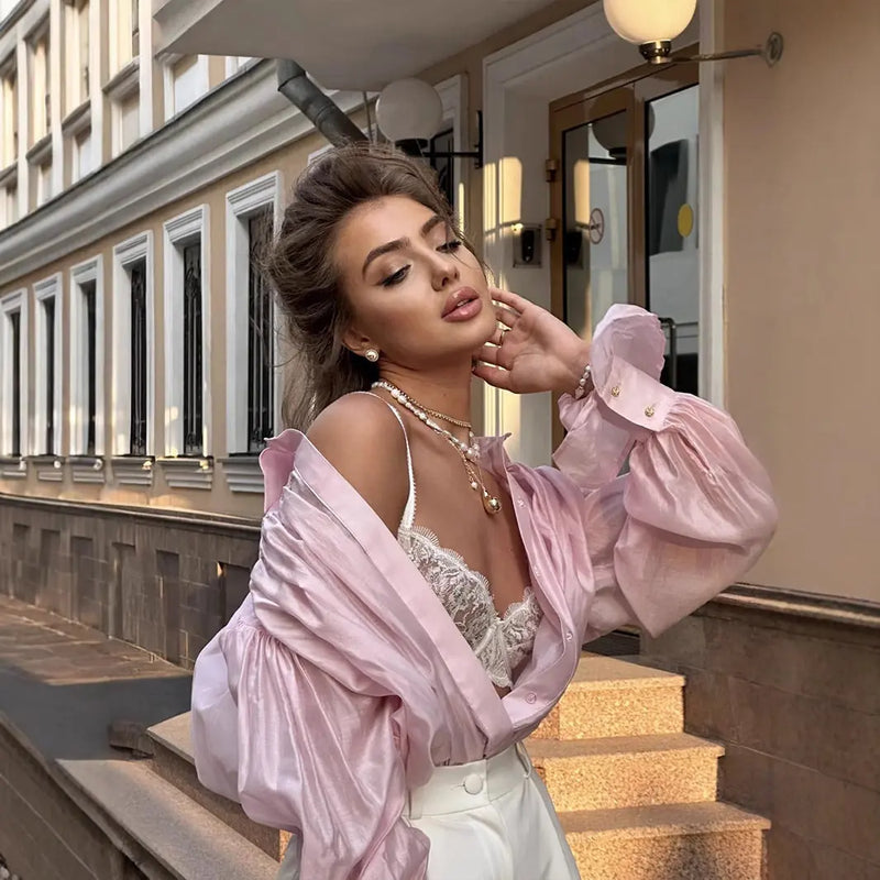 Ins French Lantern Sleeve Shirt Fashion Button Lapel Long Sleeved Tops Casual Women's Clothing Meifu Market